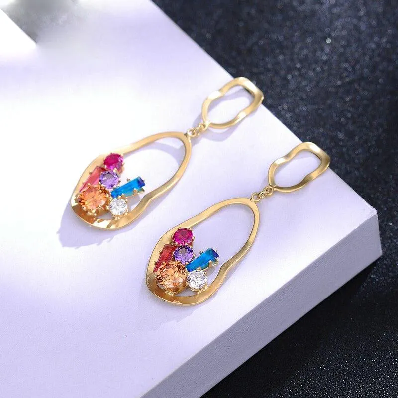 European Geometric Dangle Earrings Copper Crystals Woman Earring