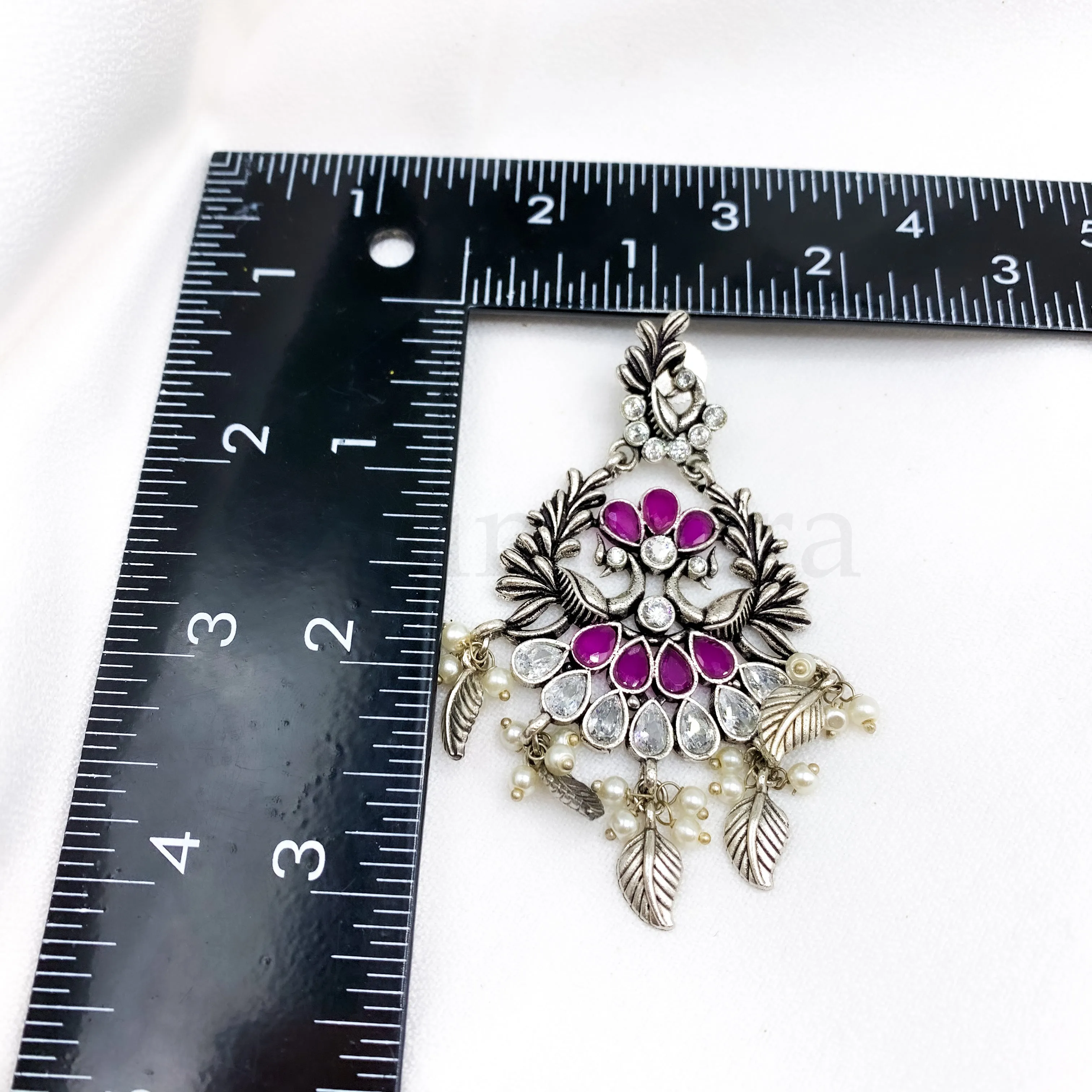 Fashionable Long Oxidized Silver Peacock Earring with Ruby red and White stones