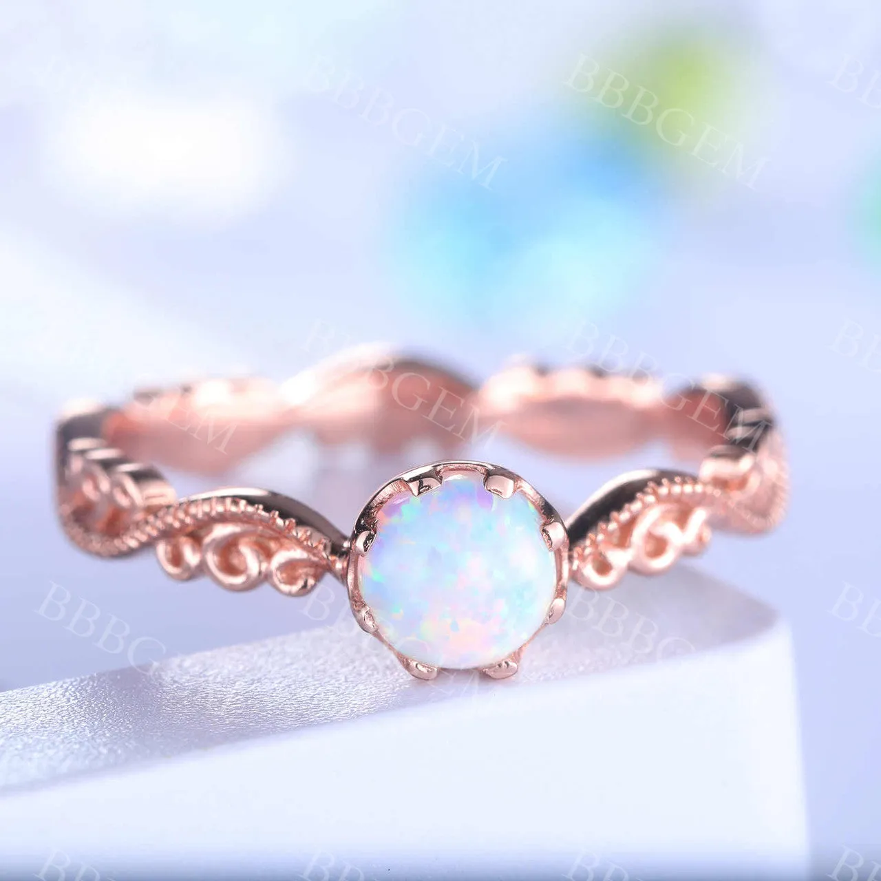 Floral Opal Ring Rose Gold Wedding Ring For Women FIligrain Milgrain Solitaire Promise October Birthstone