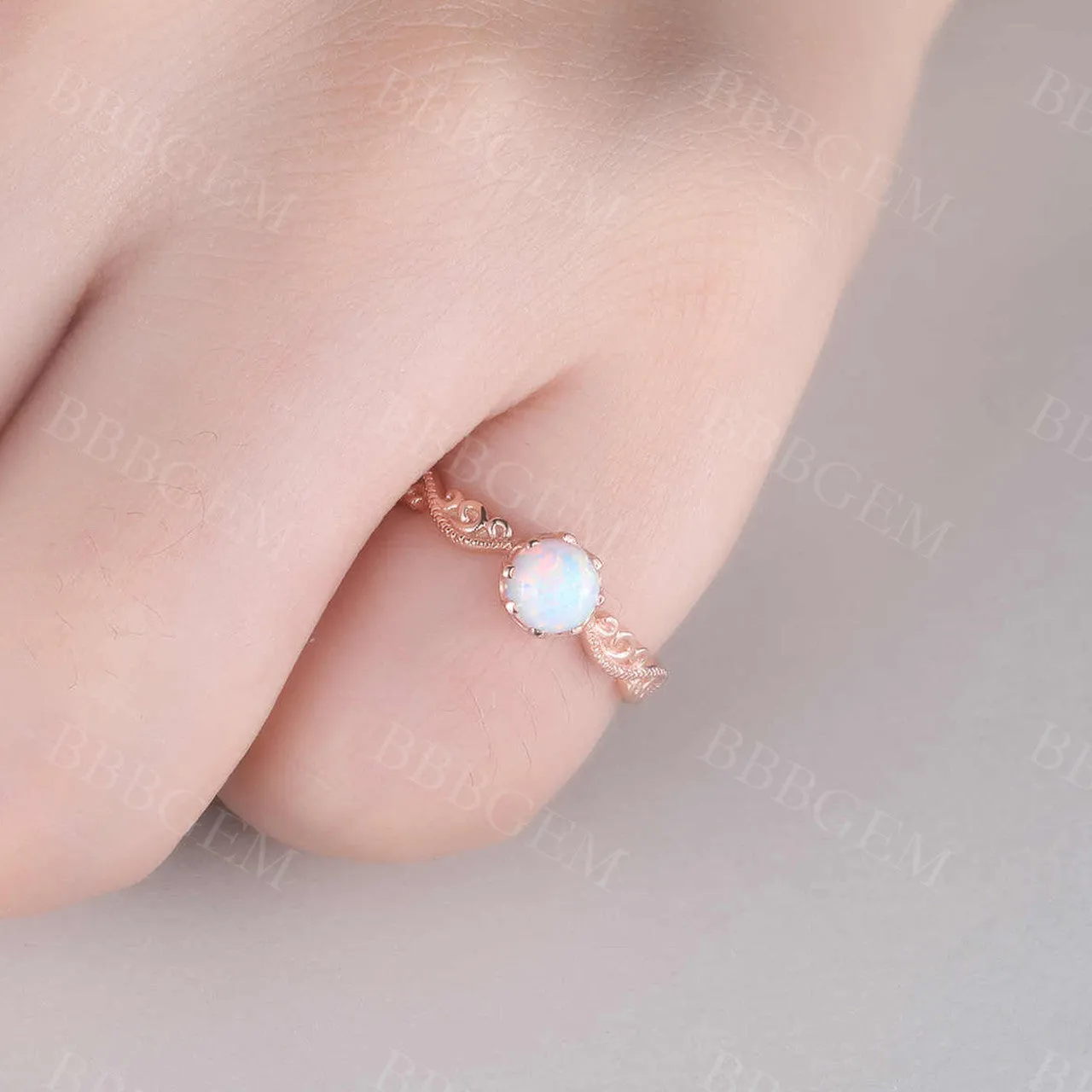 Floral Opal Ring Rose Gold Wedding Ring For Women FIligrain Milgrain Solitaire Promise October Birthstone