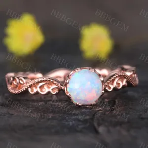 Floral Opal Ring Rose Gold Wedding Ring For Women FIligrain Milgrain Solitaire Promise October Birthstone