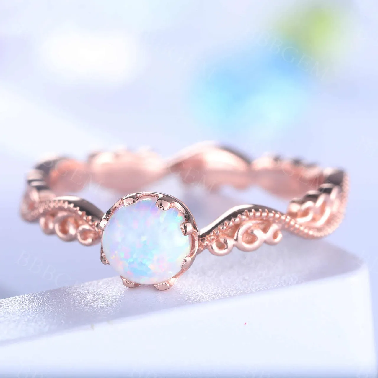 Floral Opal Ring Rose Gold Wedding Ring For Women FIligrain Milgrain Solitaire Promise October Birthstone