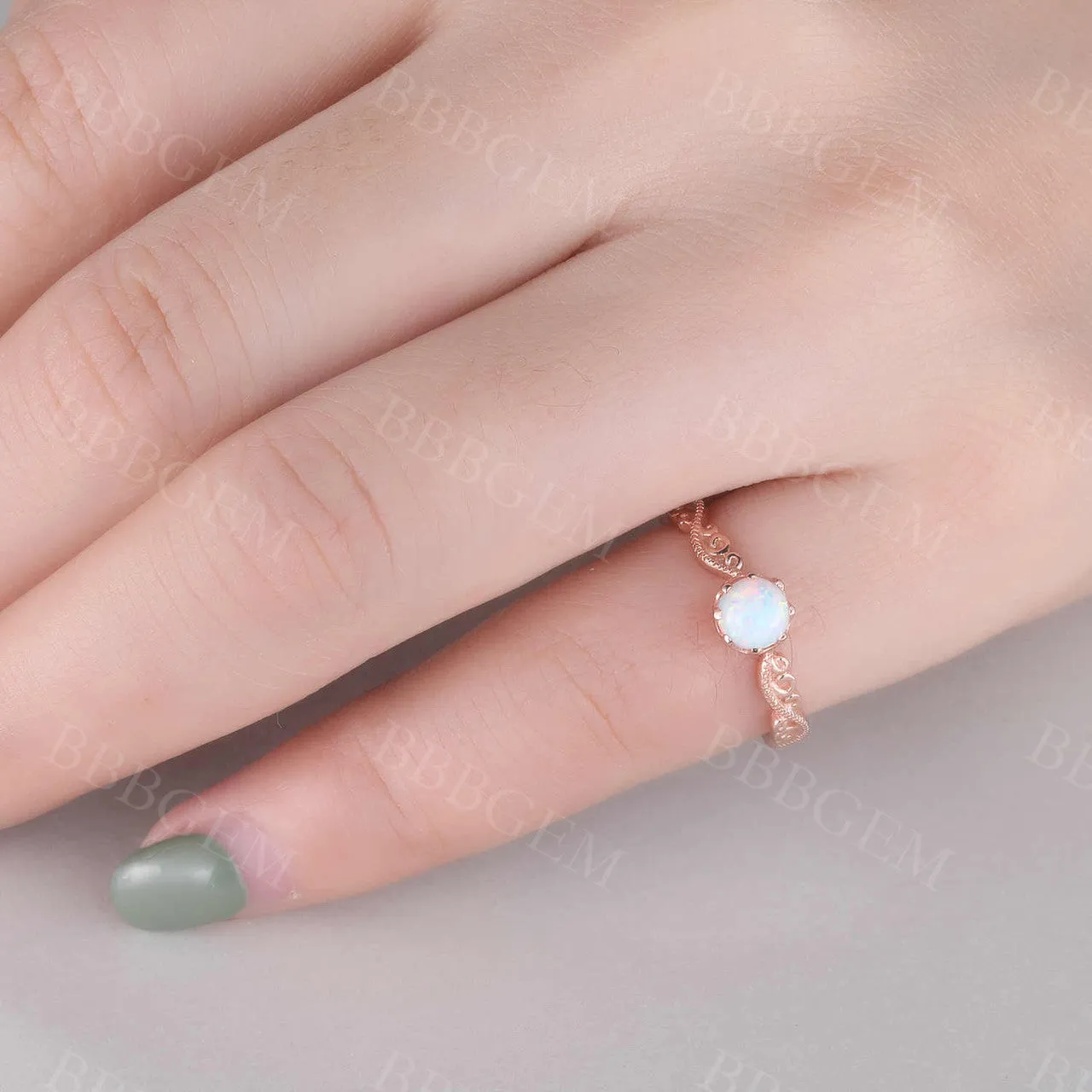 Floral Opal Ring Rose Gold Wedding Ring For Women FIligrain Milgrain Solitaire Promise October Birthstone