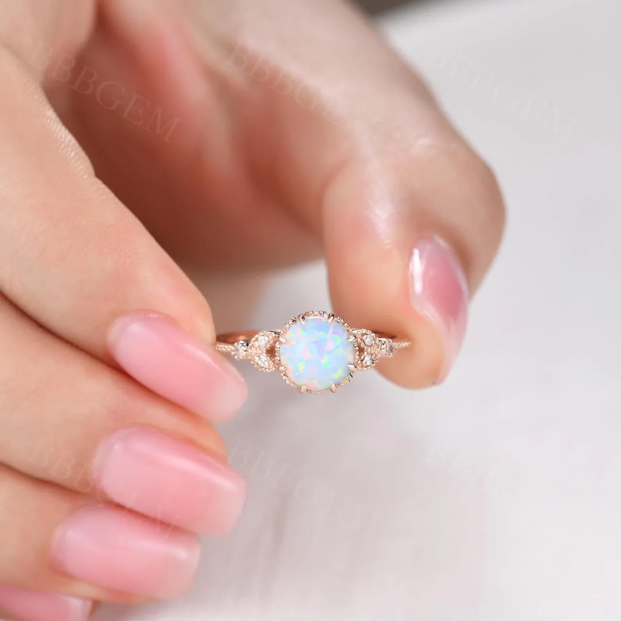 Floral Opal Solitaire Engagement Ring Rose Gold Antique