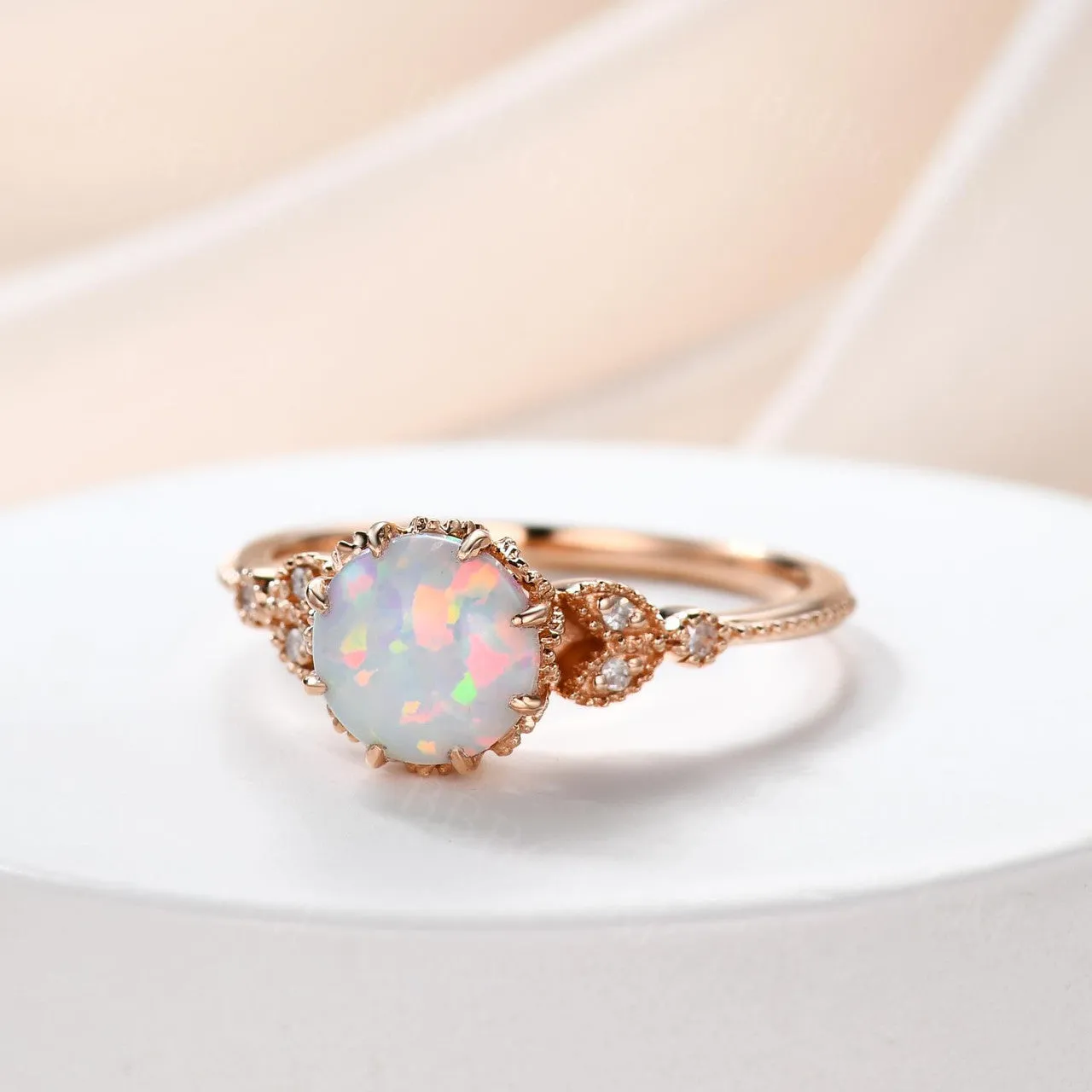 Floral Opal Solitaire Engagement Ring Rose Gold Antique