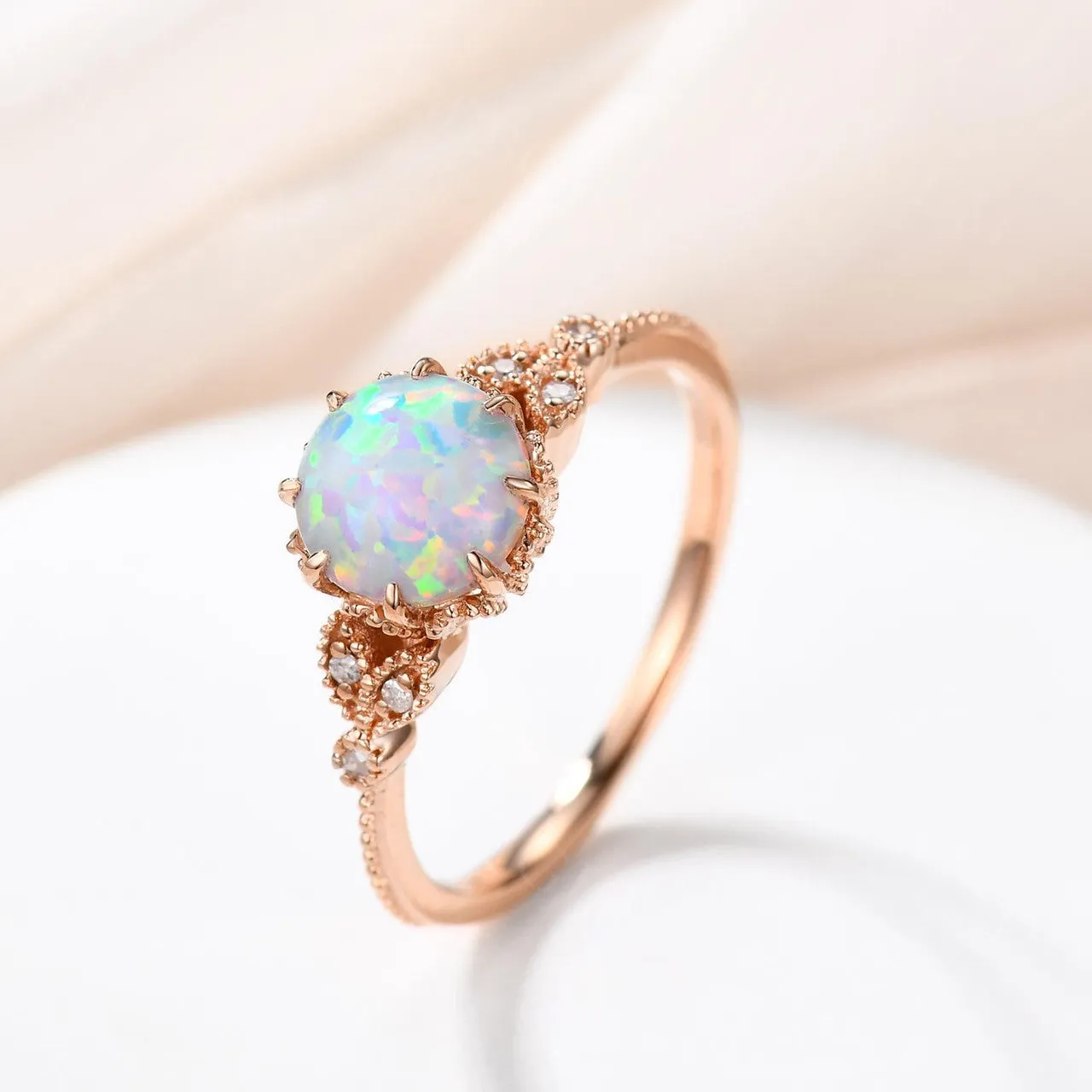 Floral Opal Solitaire Engagement Ring Rose Gold Antique