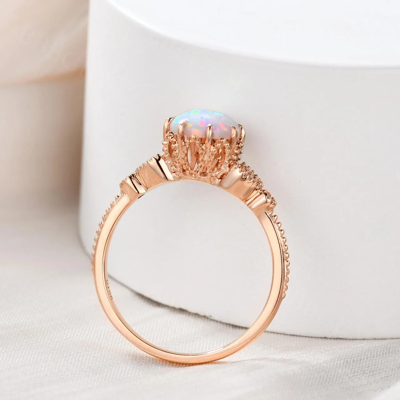 Floral Opal Solitaire Engagement Ring Rose Gold Antique