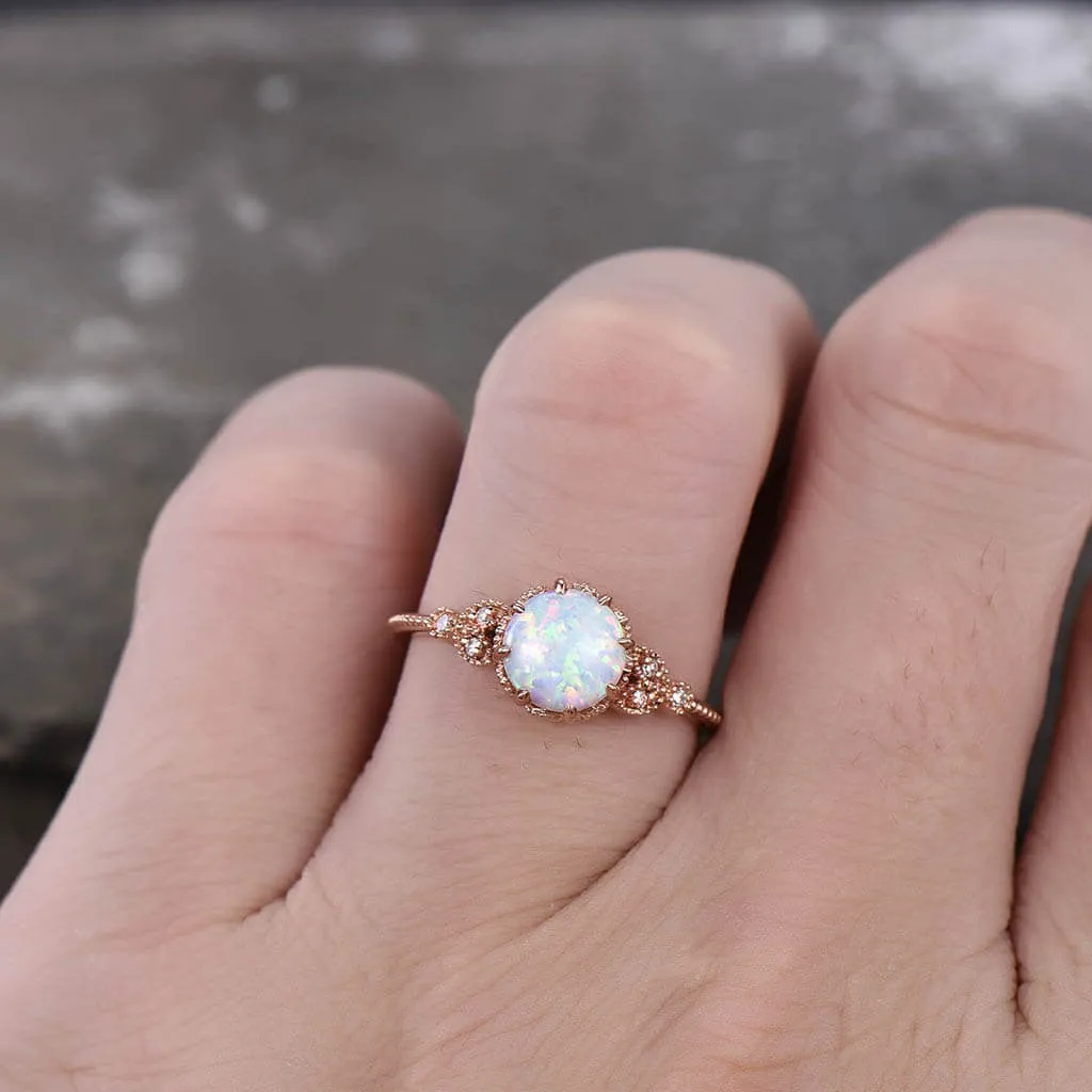 Floral Opal Solitaire Engagement Ring Rose Gold Antique