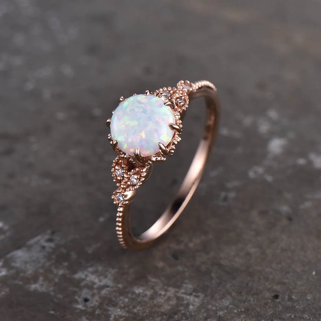 Floral Opal Solitaire Engagement Ring Rose Gold Antique