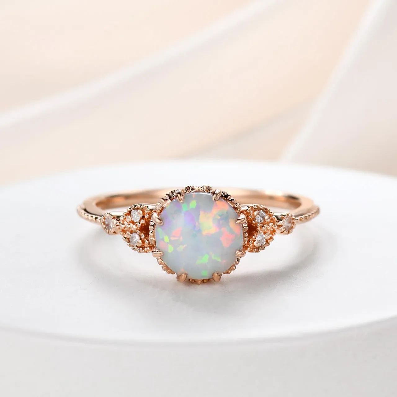 Floral Opal Solitaire Engagement Ring Rose Gold Antique