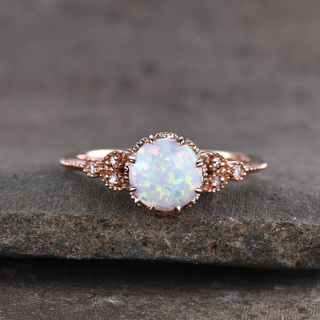 Floral Opal Solitaire Engagement Ring Rose Gold Antique