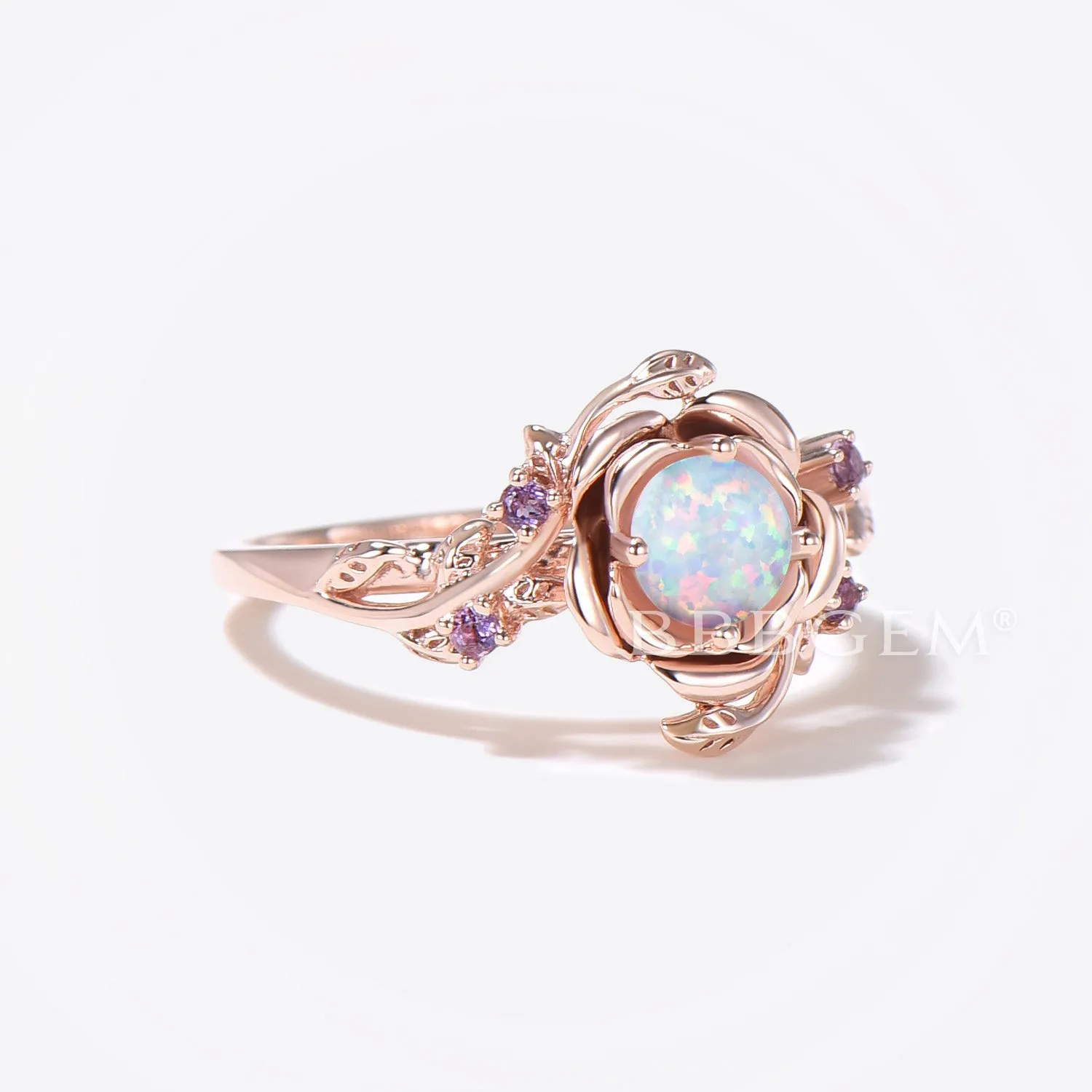 Floral Round White Opal Engagement Ring Rose Flower Fire Opal Wedding Ring Twig Leaf Amethyst Promise Ring October Birthstone Jewelry