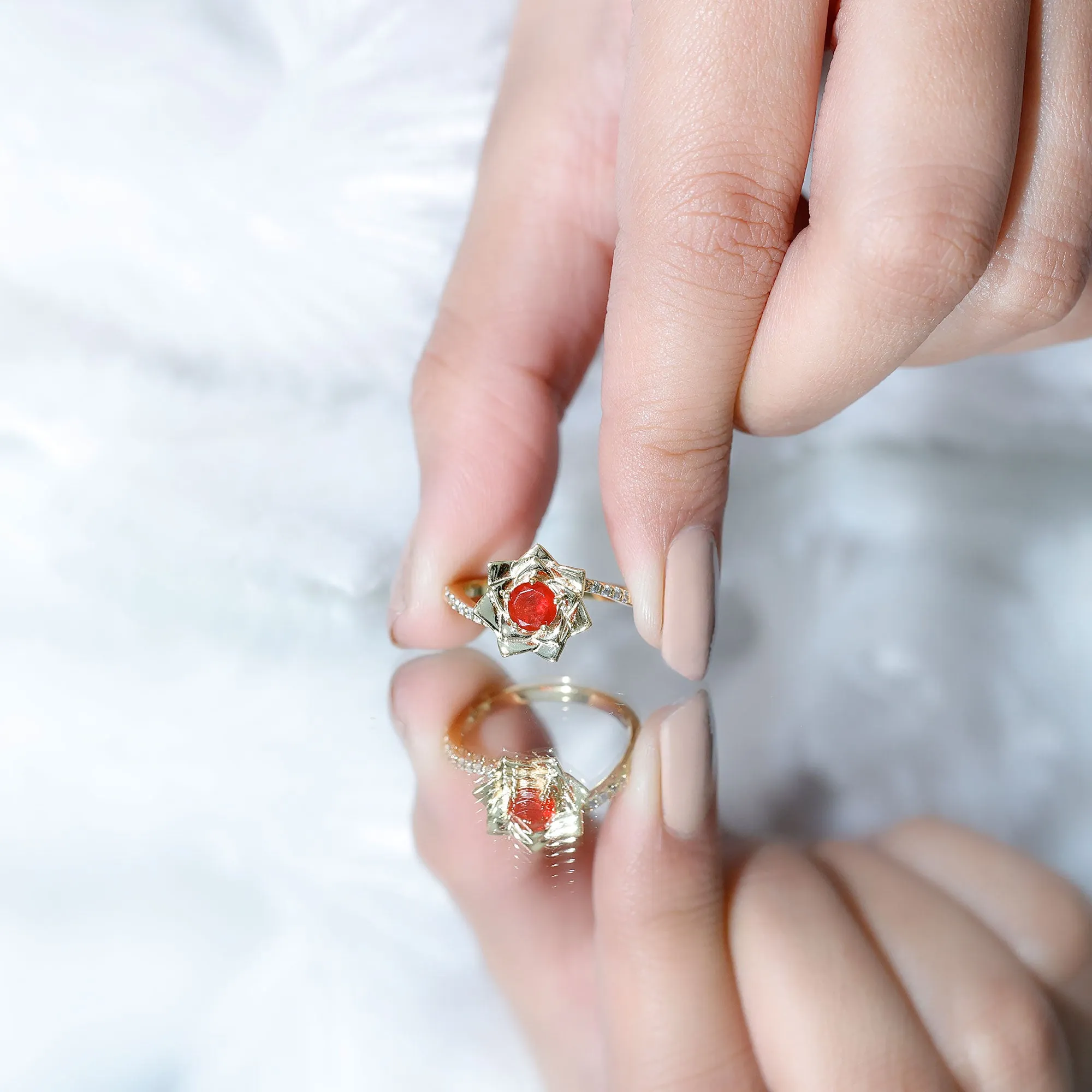 Flower Inspired Fire Opal Engagement Ring with Diamond