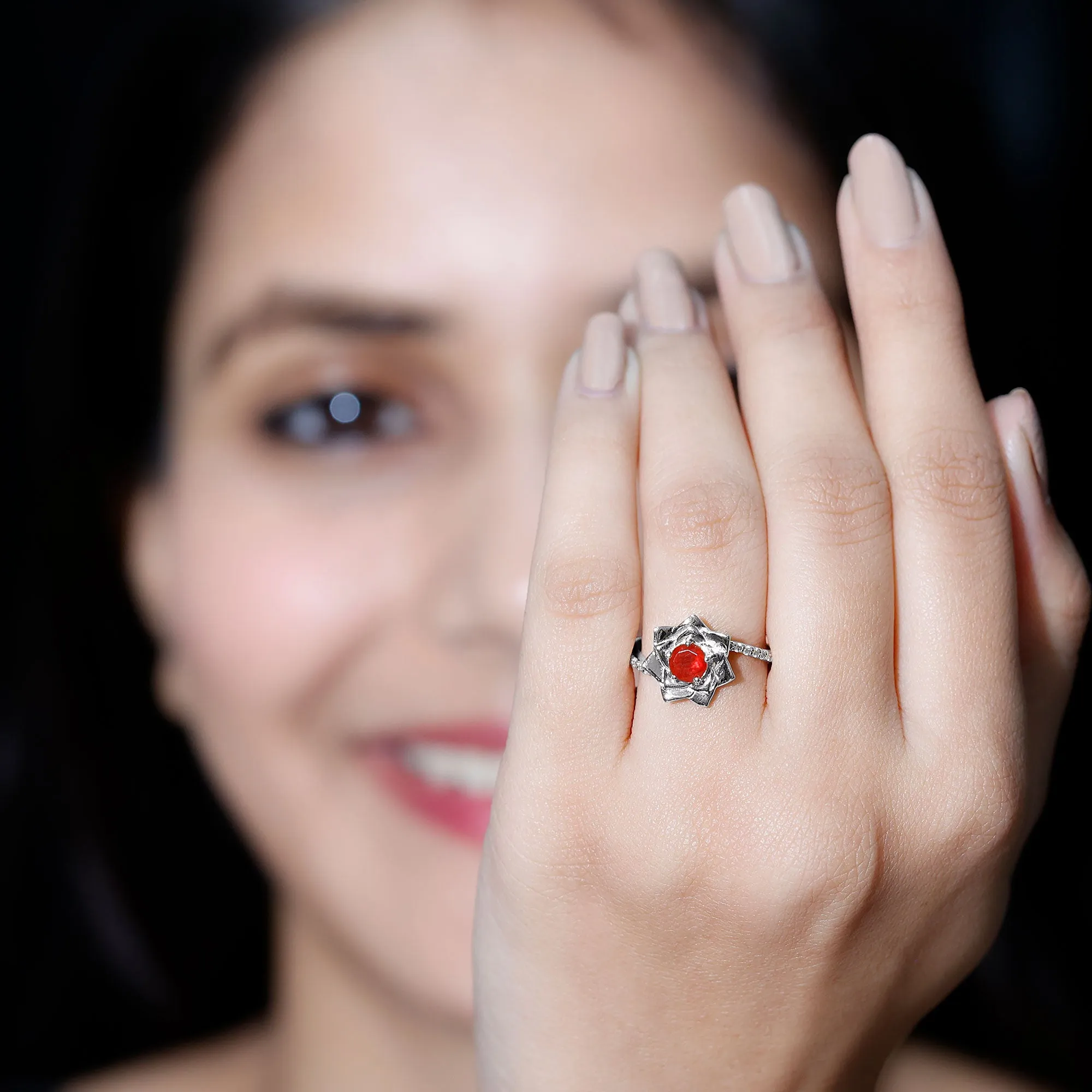 Flower Inspired Fire Opal Engagement Ring with Diamond