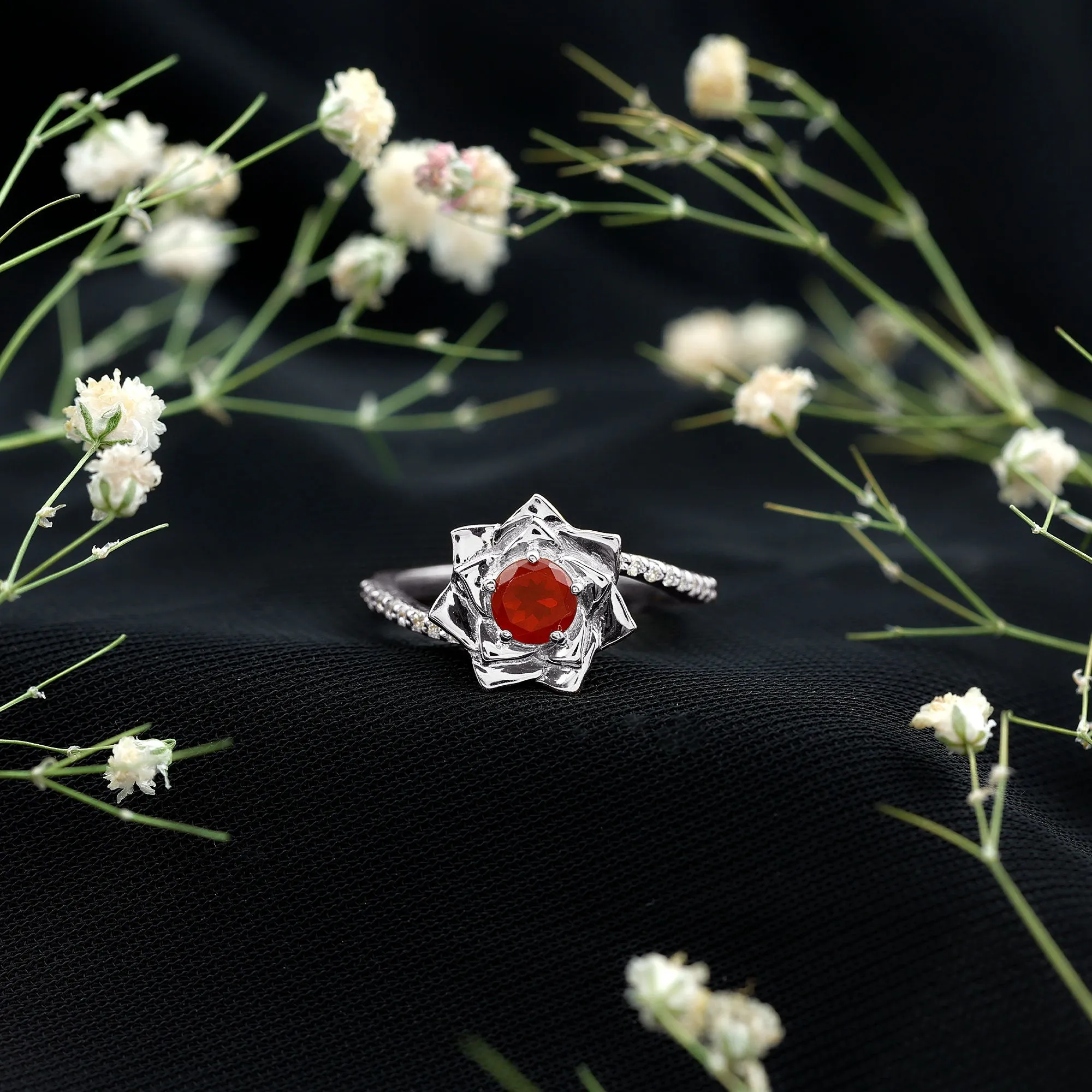 Flower Inspired Fire Opal Engagement Ring with Diamond