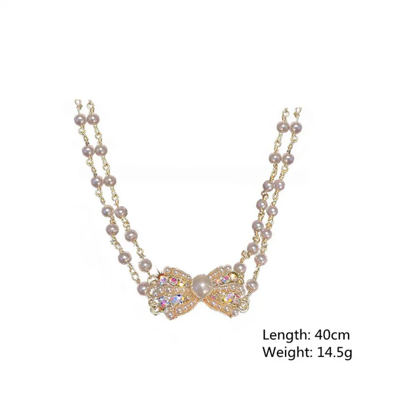 FYUAN Korean Style Small Bowknot Crystal Choker Necklaces for Women Pearl Chain Rhinestone Necklaces Weddings Jewelry