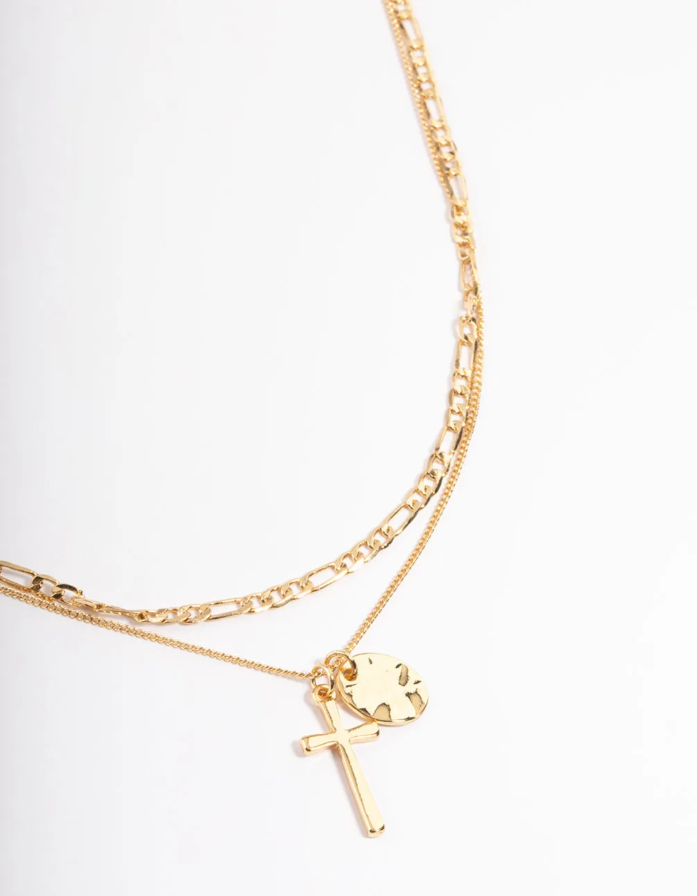 Gold Plated Cross & Figaro Layered Necklace