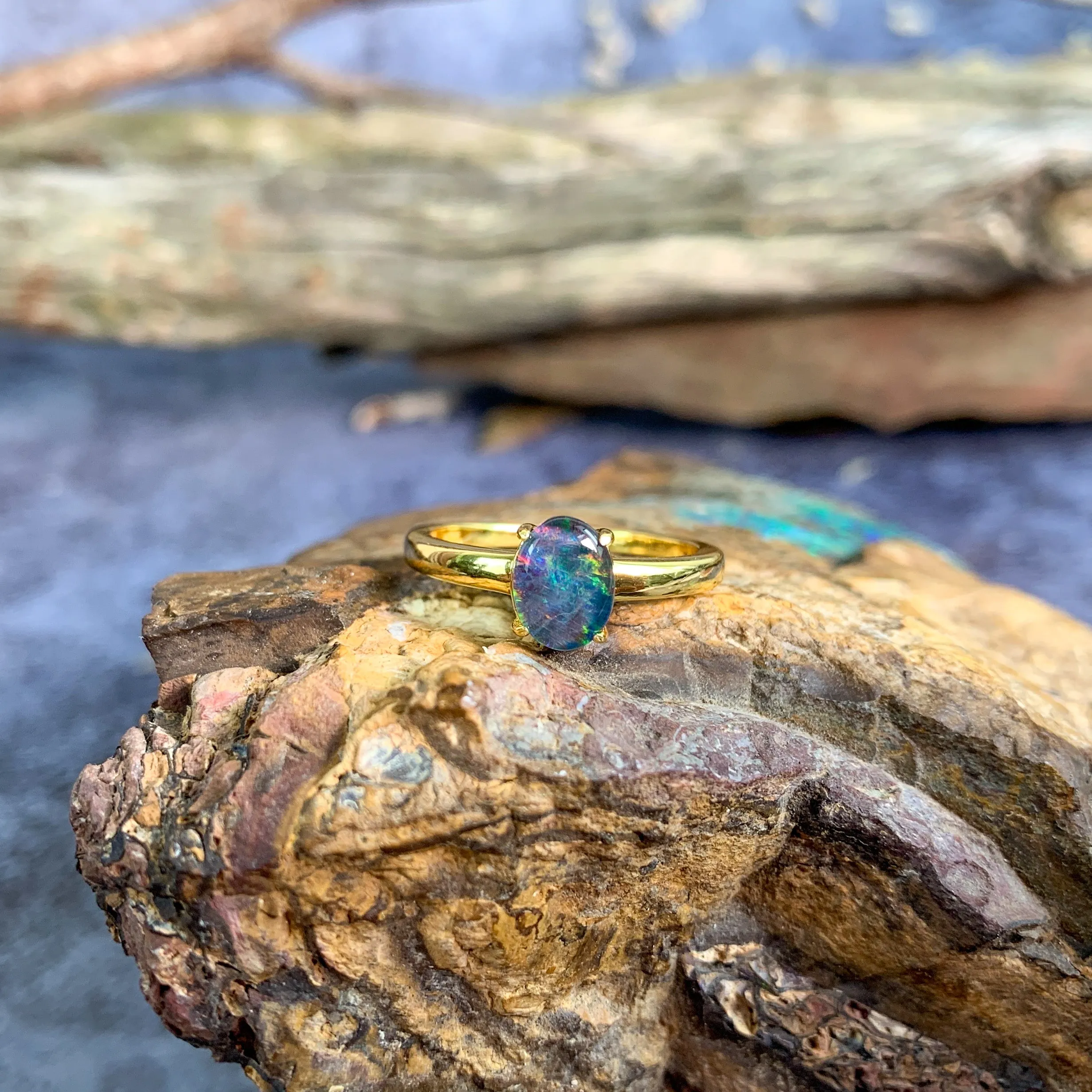 Gold Plated silver solitaire 8x6mm Opal triplet ring