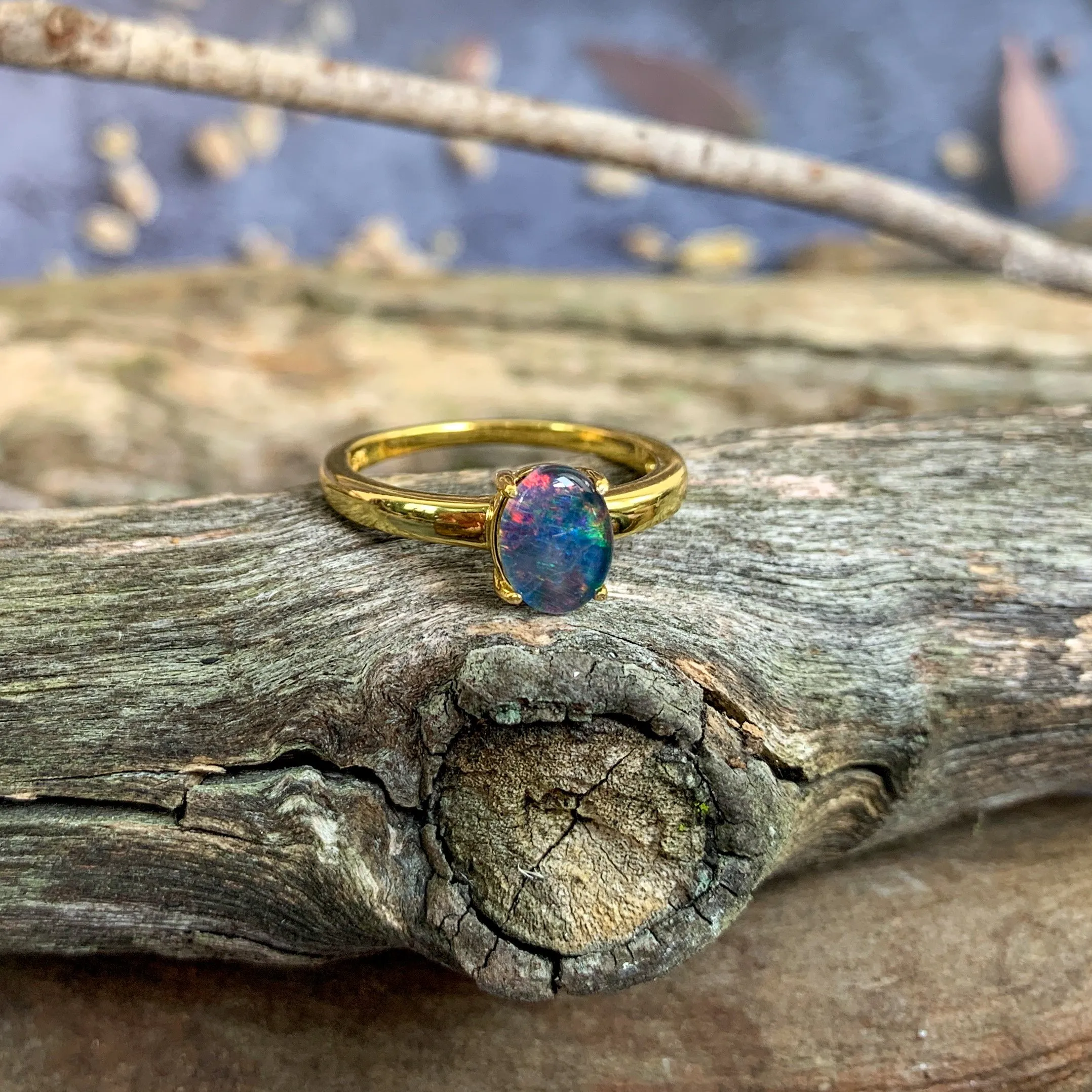 Gold Plated silver solitaire 8x6mm Opal triplet ring