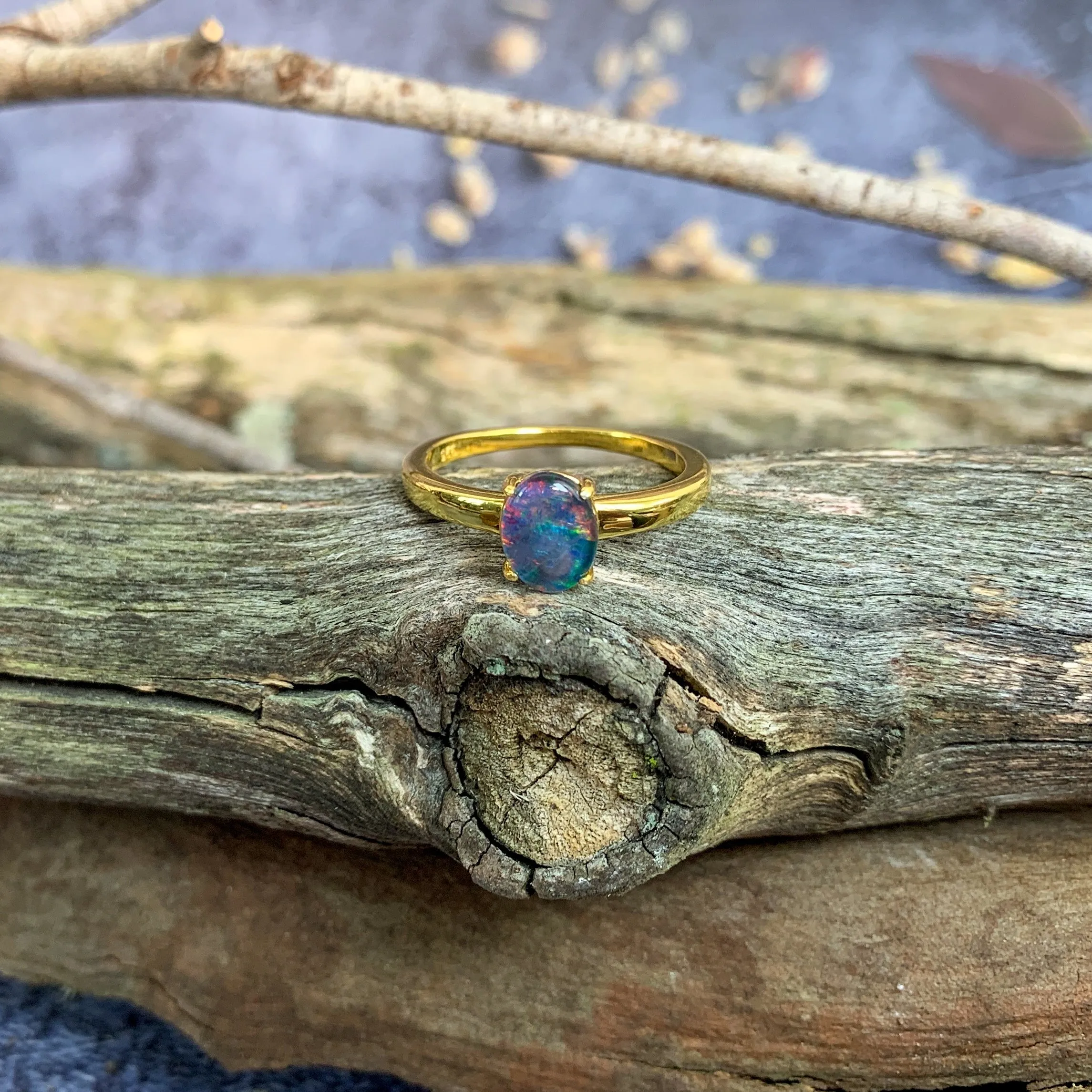 Gold Plated silver solitaire 8x6mm Opal triplet ring