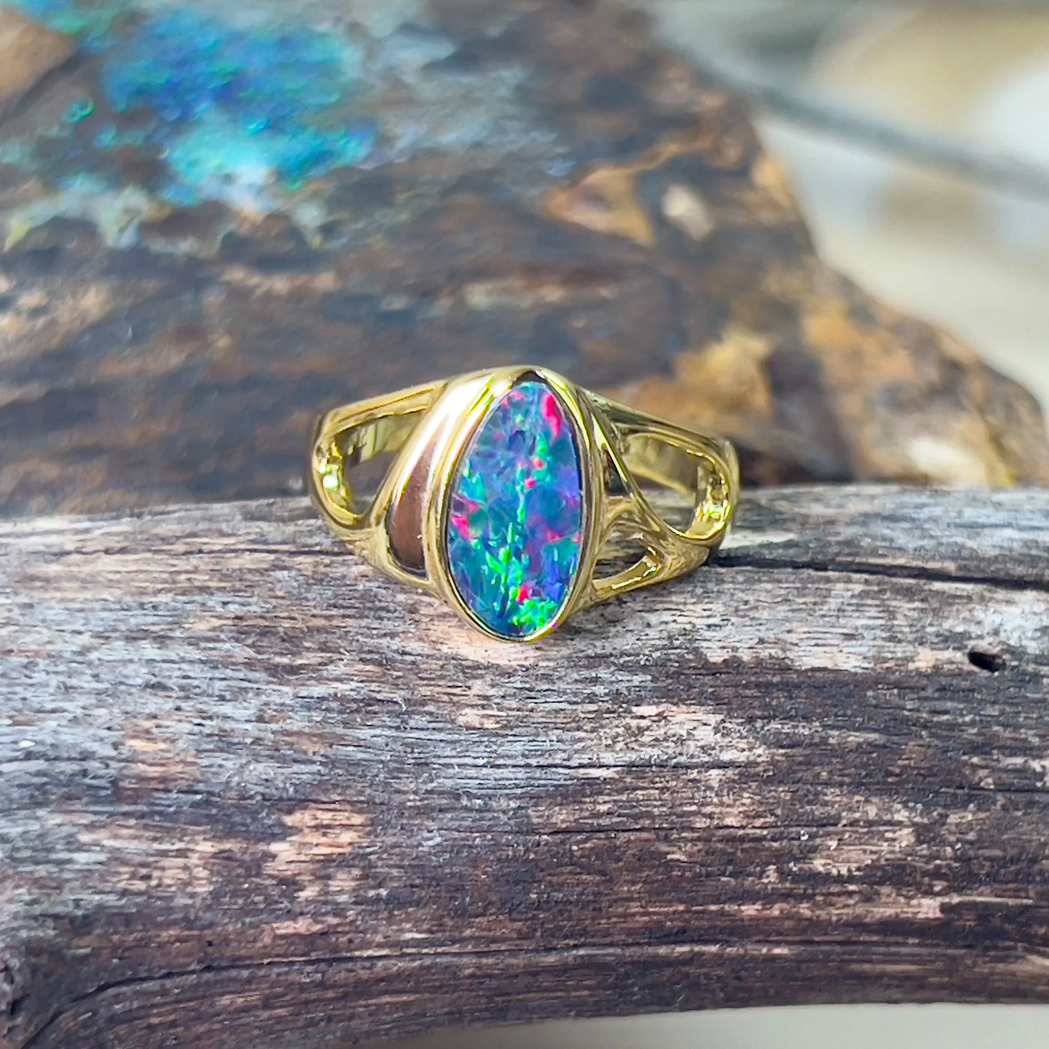 Gold plated Sterling Silver shaped cut out pattern opal doublet ring