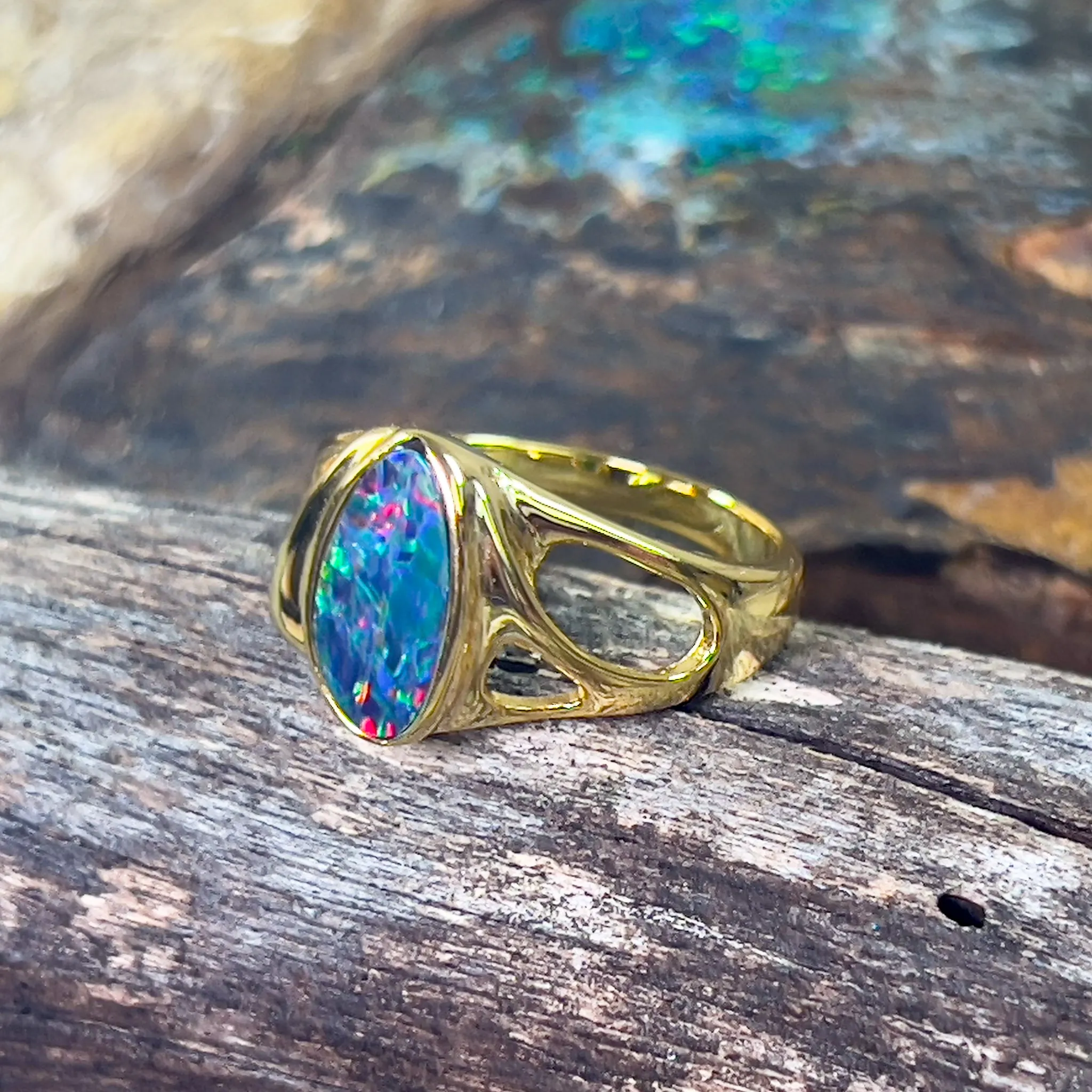 Gold plated Sterling Silver shaped cut out pattern opal doublet ring