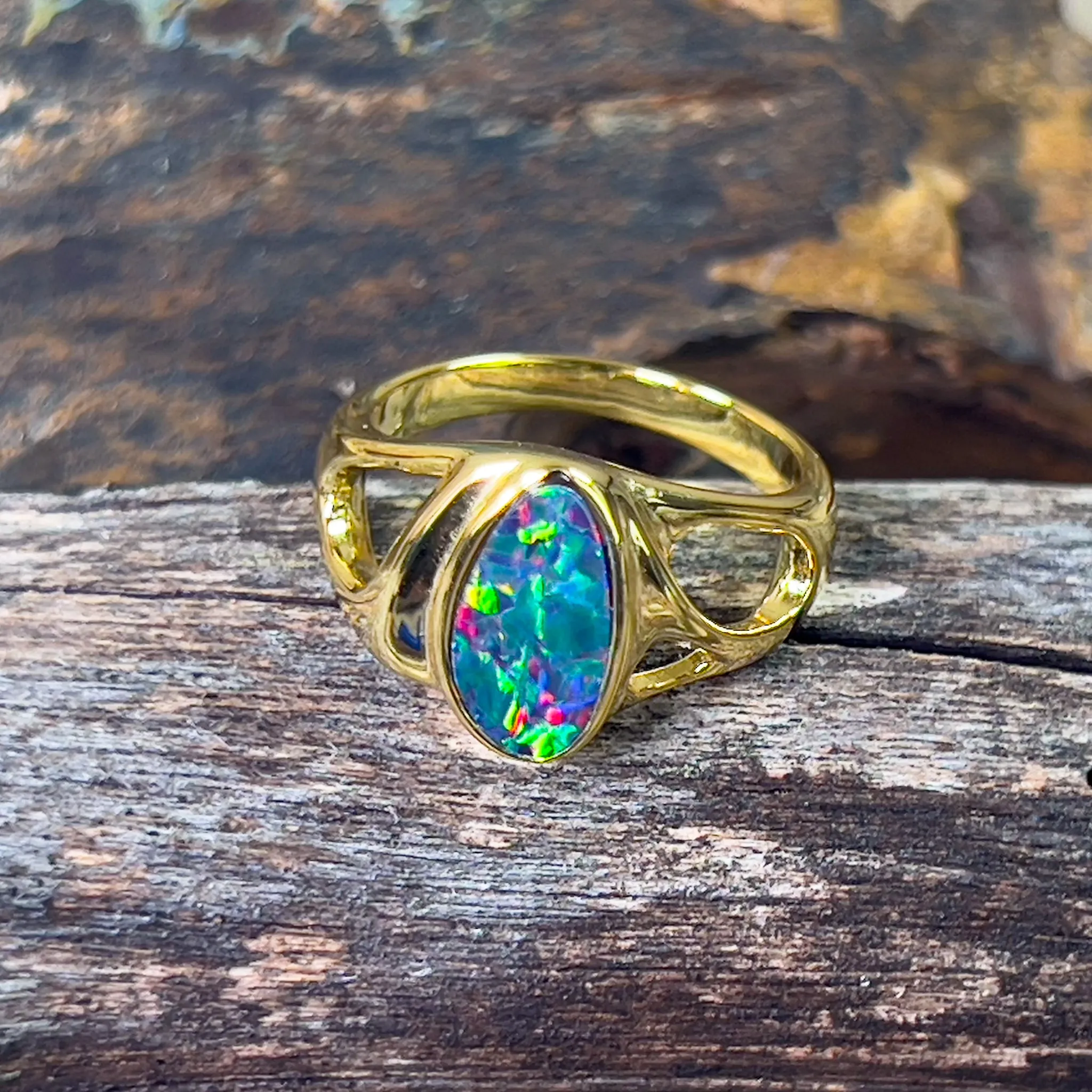 Gold plated Sterling Silver shaped cut out pattern opal doublet ring