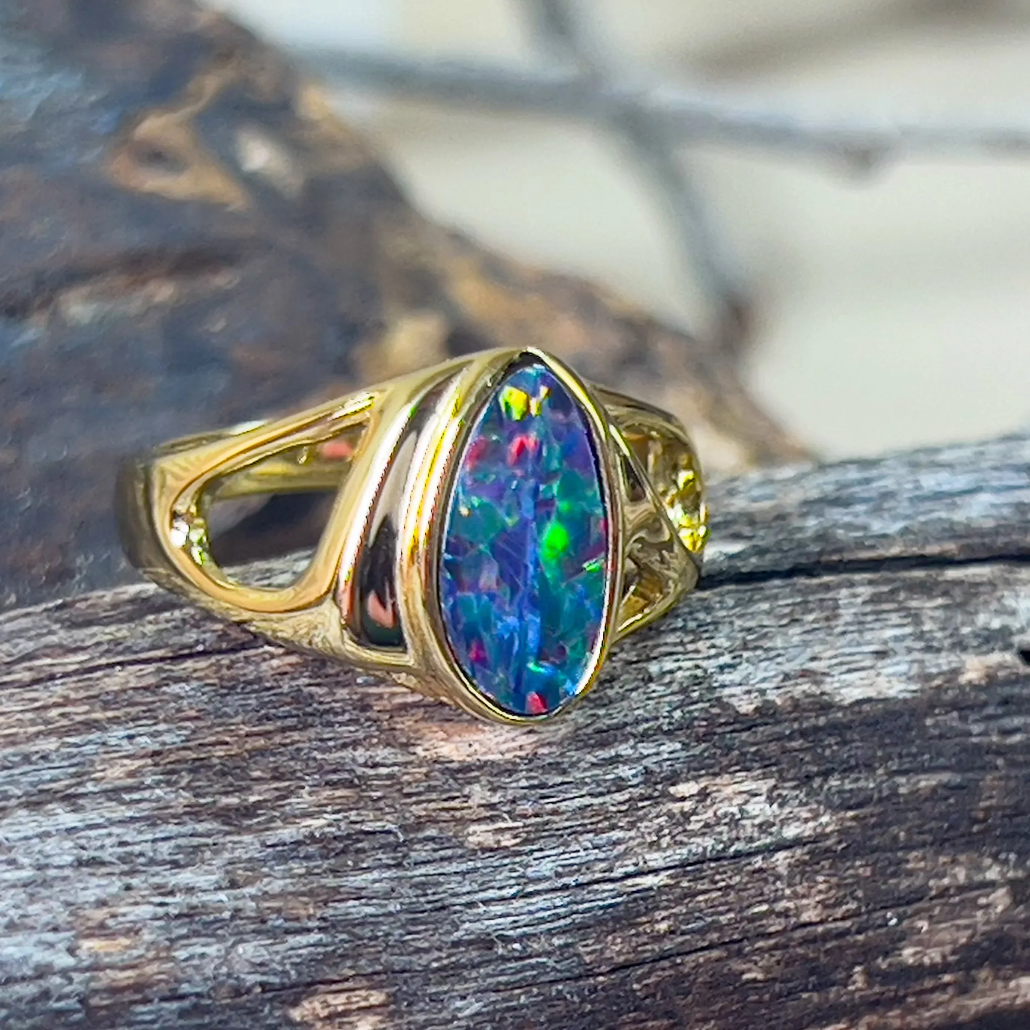 Gold plated Sterling Silver shaped cut out pattern opal doublet ring