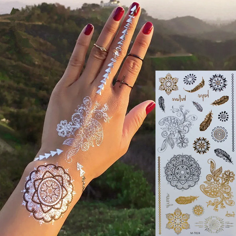 Gold /Silver Temporary Tattoo Body Art Sleeve Arm Flash Henna Tattoo