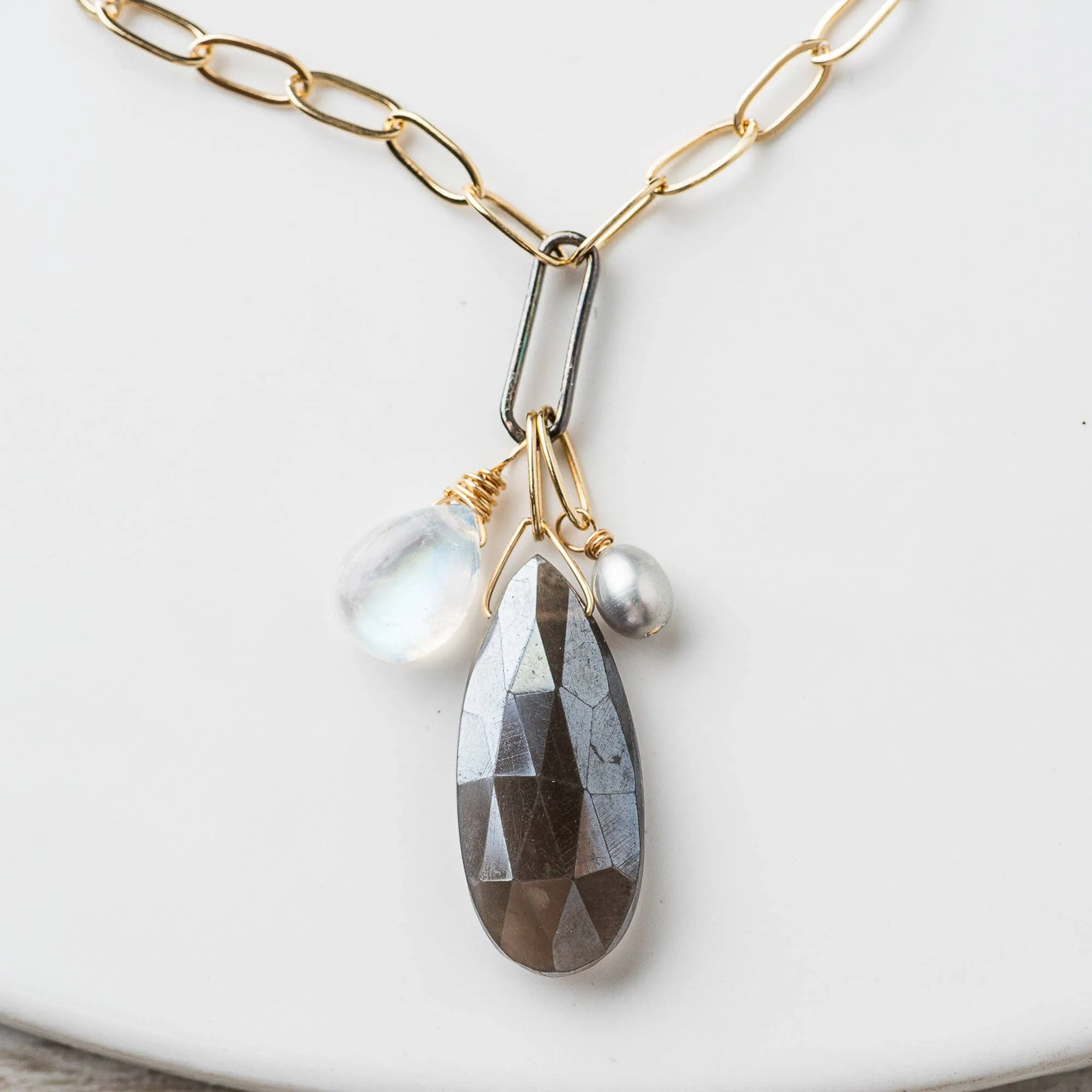 Gray Moonstone Pear Cluster Necklace