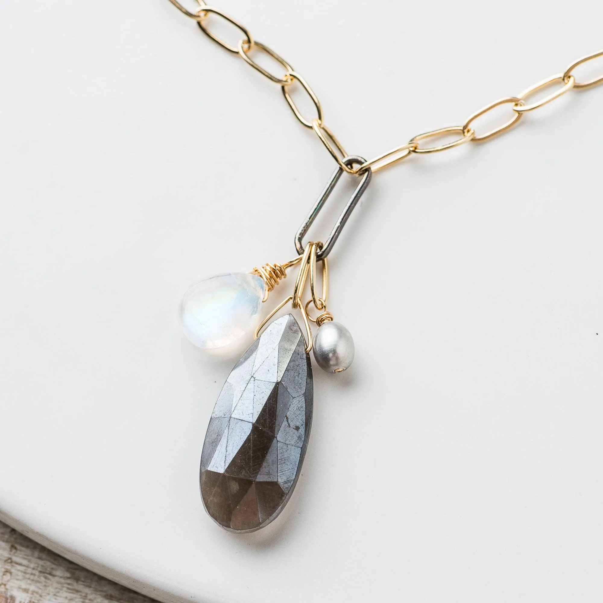 Gray Moonstone Pear Cluster Necklace