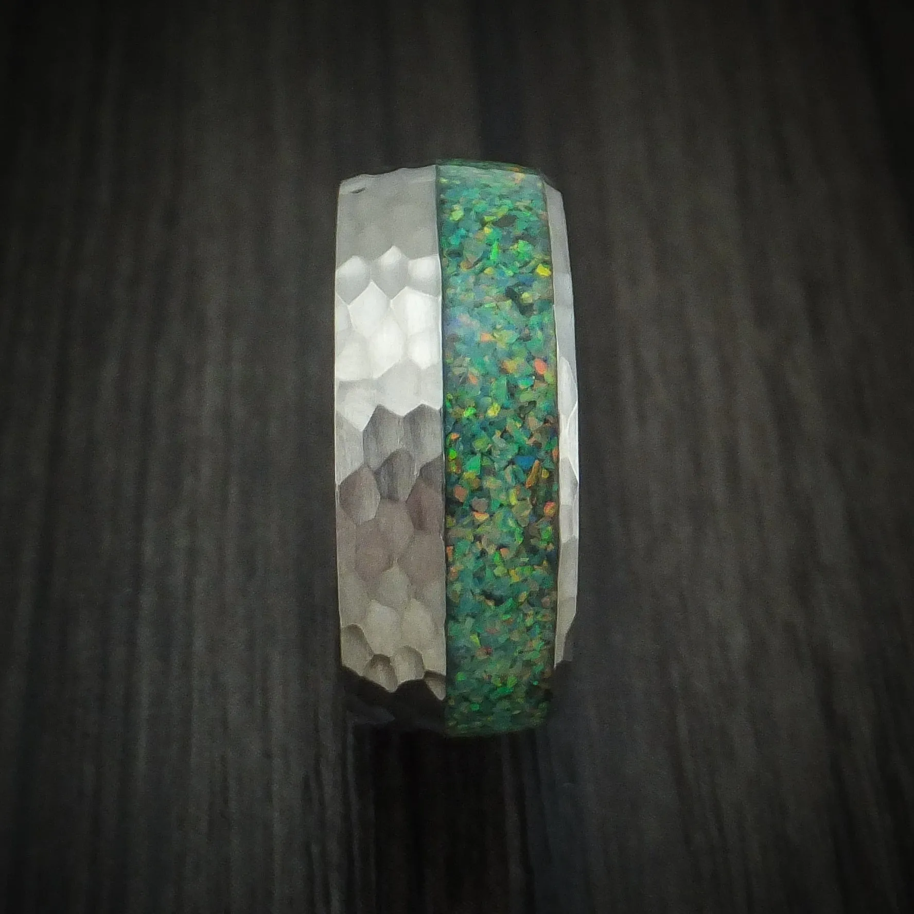 Hammered Titanium and Opal Men's Ring Choose Your Color Custom Made