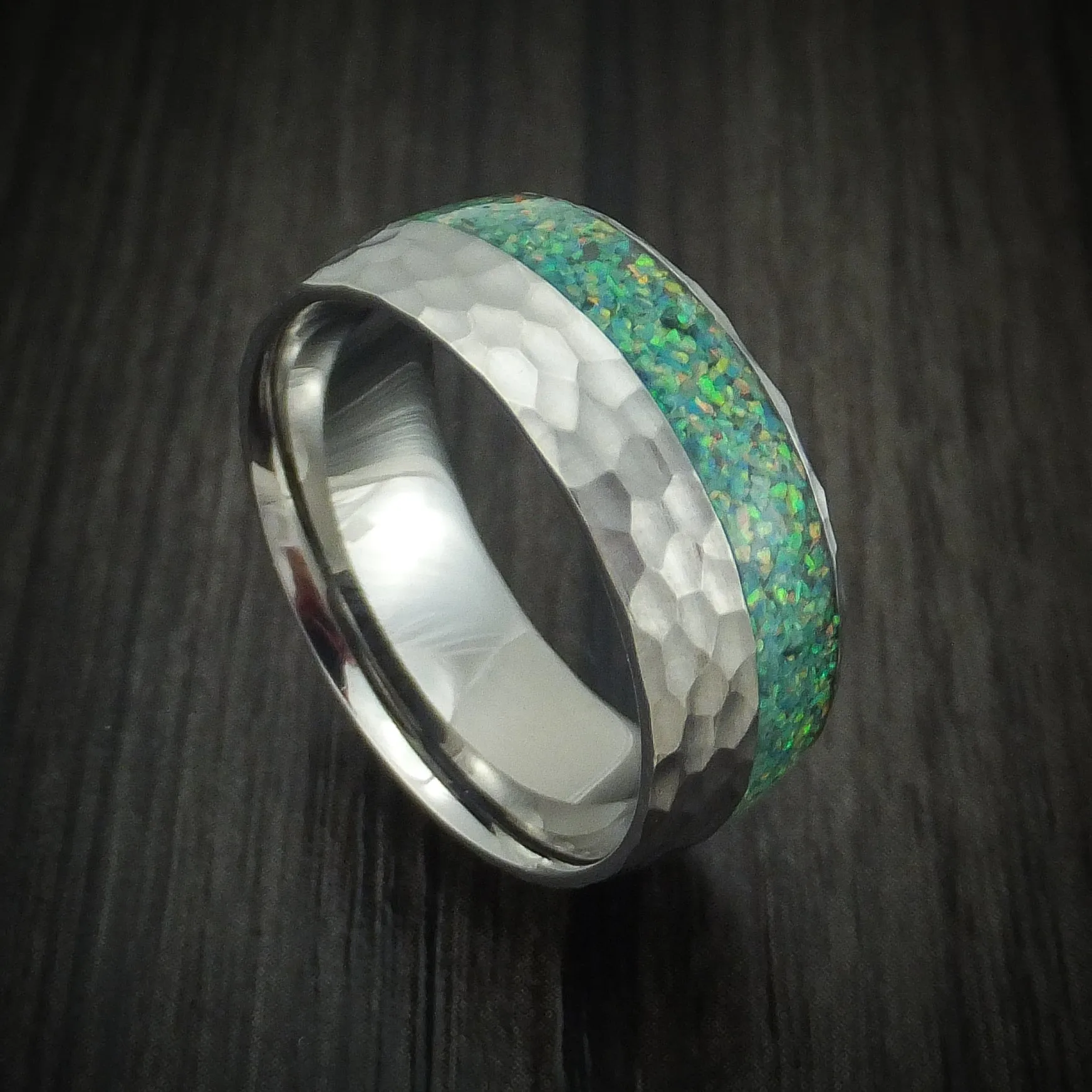 Hammered Titanium and Opal Men's Ring Choose Your Color Custom Made