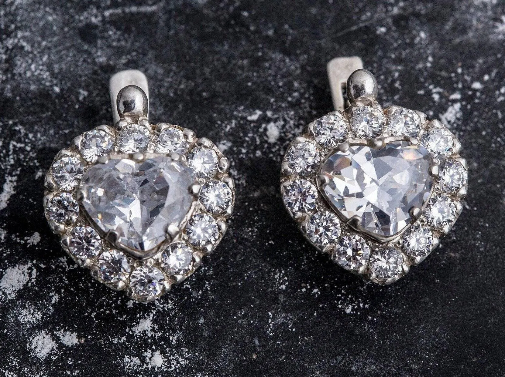 Heart Diamond Earrings - Cubic Zirconia Earrings, Heart Bridal Earrings