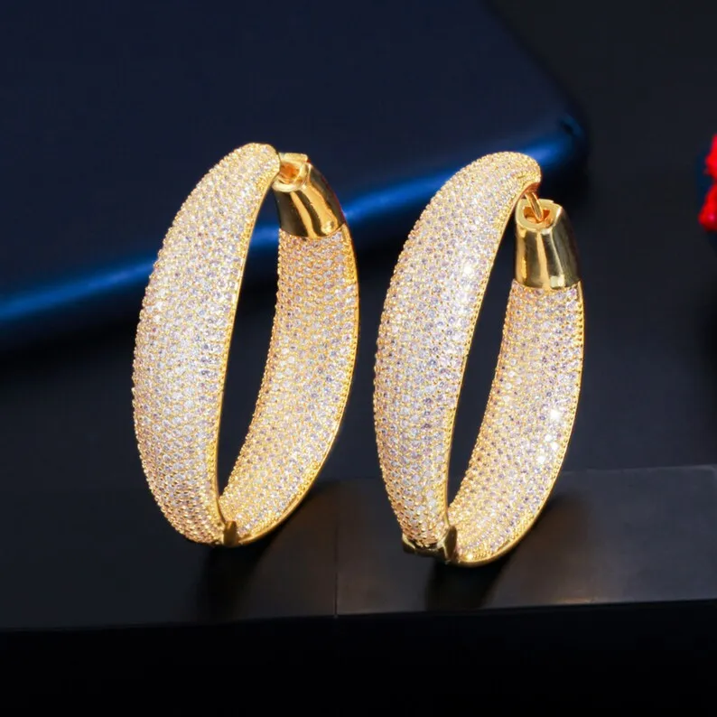 HIVAGI® Big Statement Micro Pave CZ Round Hoop Earrings, Gold Plated Luxury Bridal Jewellery for Women.