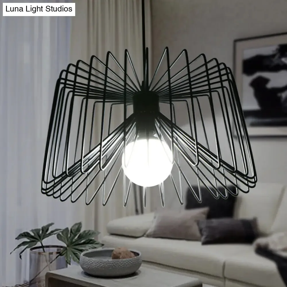 Industrial Metal Hanging Lamp with Adjustable Cord - Black/White Cage Shade - Living Room Ceiling Light