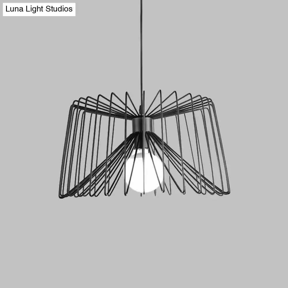 Industrial Metal Hanging Lamp with Adjustable Cord - Black/White Cage Shade - Living Room Ceiling Light