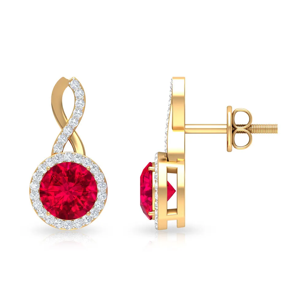 Infinity Drop Halo Earrings with 1.50 CT Diamonds and Created Ruby