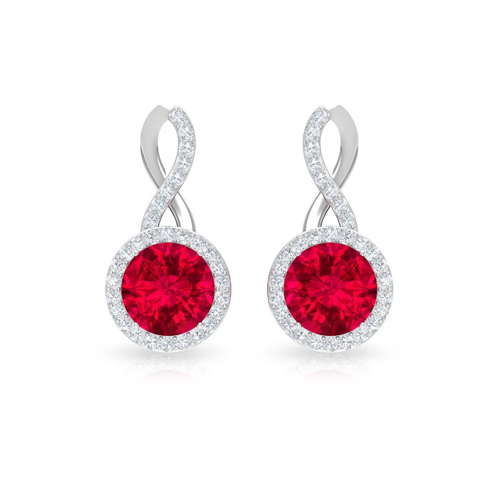 Infinity Drop Halo Earrings with 1.50 CT Diamonds and Created Ruby