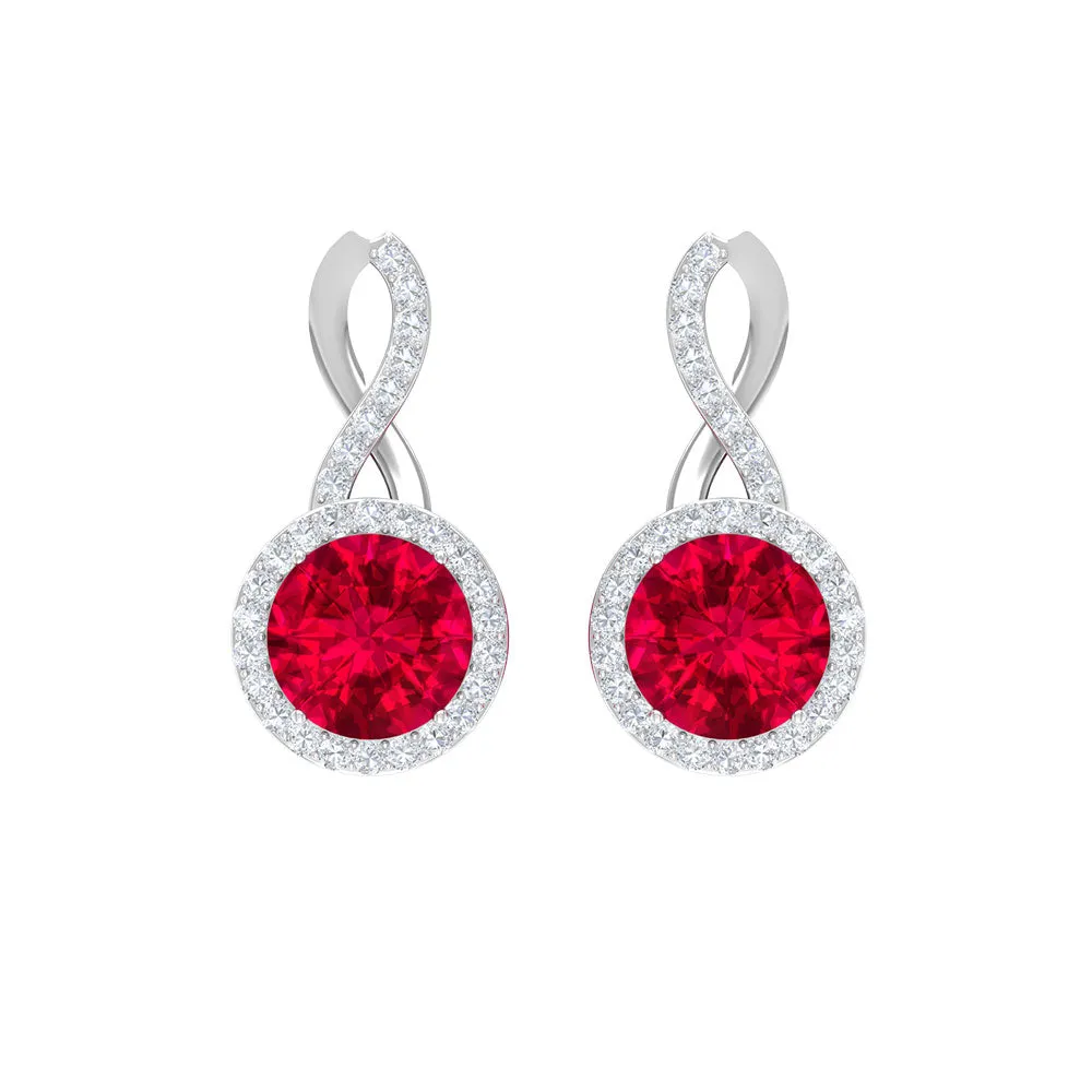 Infinity Drop Halo Earrings with 1.50 CT Diamonds and Created Ruby