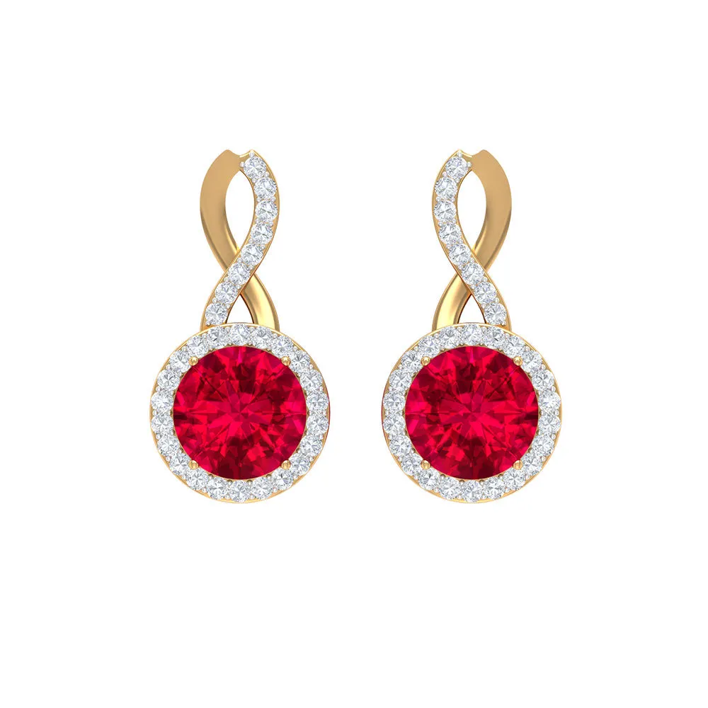 Infinity Drop Halo Earrings with 1.50 CT Diamonds and Created Ruby