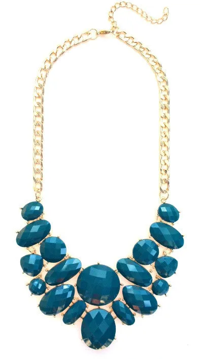 Jeweled Cluster Bib Statement Necklace- Teal