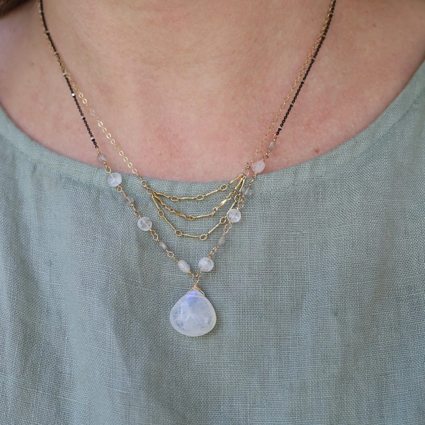 Large Rainbow Moonstone Drop Necklace