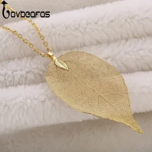 LOVBEAFAS 2017 Fashion Maxi Necklace Women Fine Jewelry Long Chain Pendant Necklace Collar Real Natural Leaf Necklace