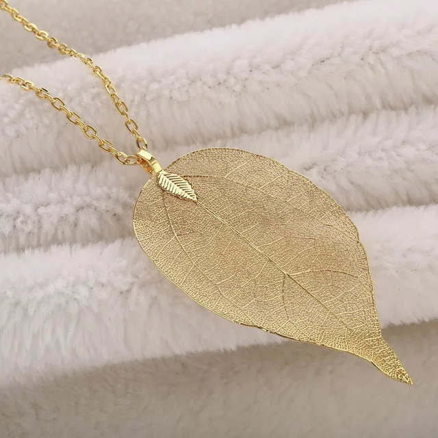 LOVBEAFAS 2017 Fashion Maxi Necklace Women Fine Jewelry Long Chain Pendant Necklace Collar Real Natural Leaf Necklace