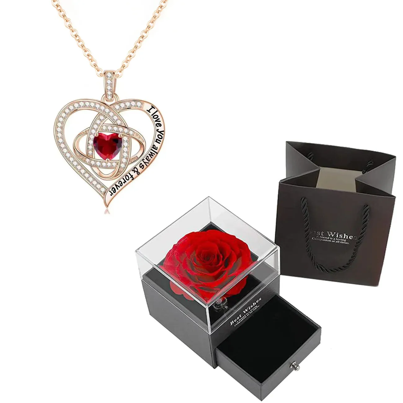 Luxury Red Zircon Pendant Necklaces With Rose Flower Gift Box For Girlfriend Women I Love You Gifts 2024 Trendy Wedding Jewelry