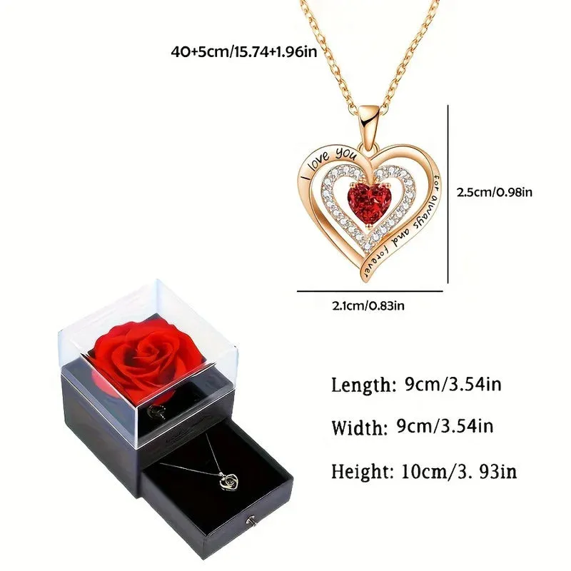 Luxury Red Zircon Pendant Necklaces With Rose Flower Gift Box For Girlfriend Women I Love You Gifts 2024 Trendy Wedding Jewelry