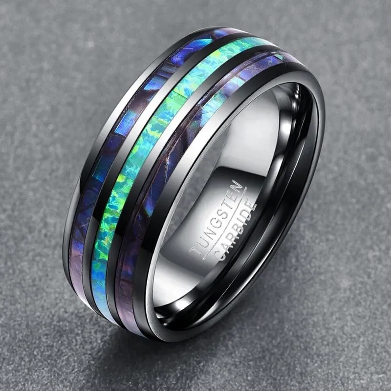 Luxury Silver Tungsten Carbide Ring with Blue Fire Opal & Abalone Shell Inlay-Sizes 5-15