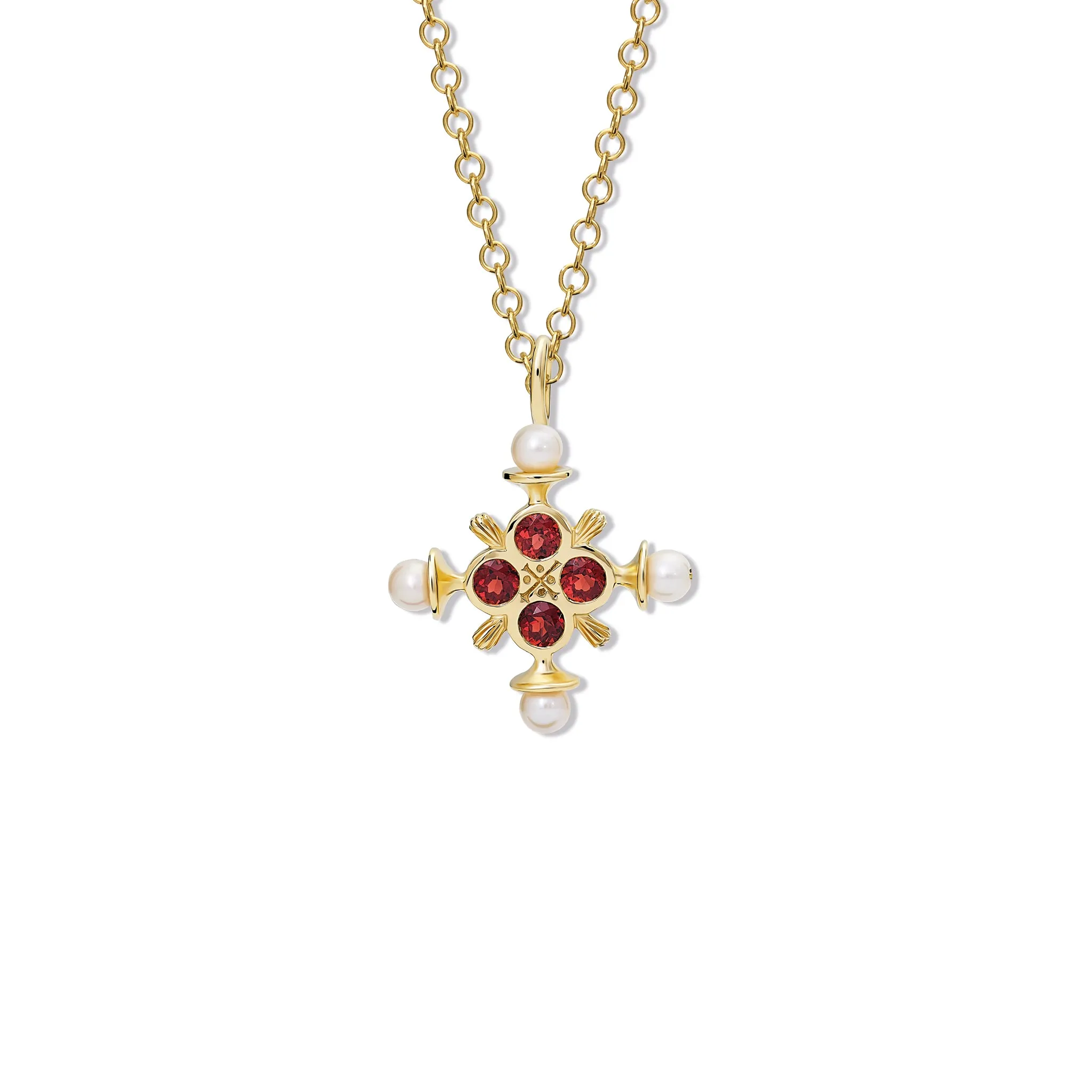 Madrid Large Cross Pendant Yellow Gold - Red Garnet & Pearl