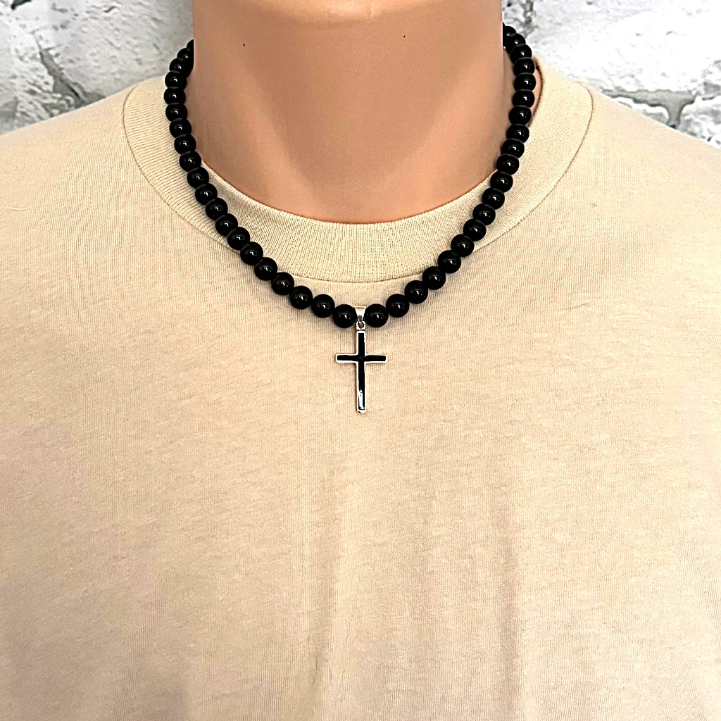 Mens Black Onyx Beaded Necklace With Sterling Silver and Black Onyx Cross